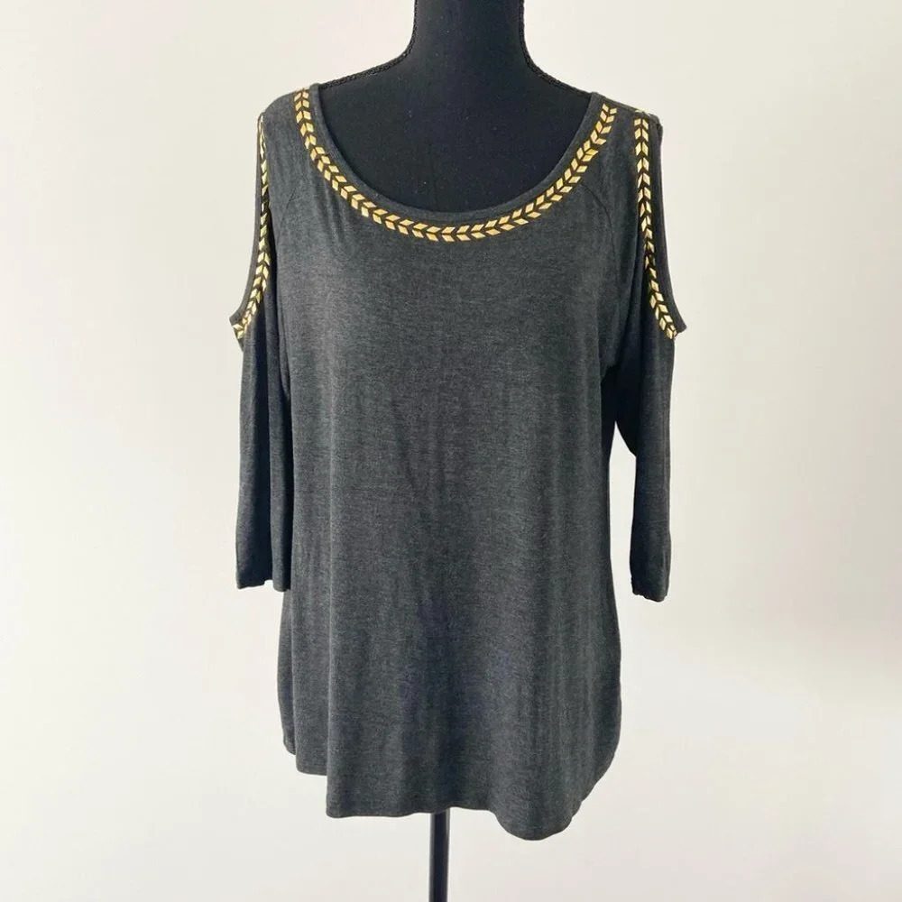 Belldini Gold Neckline Accents Cold Shoulder Tunic Blouse